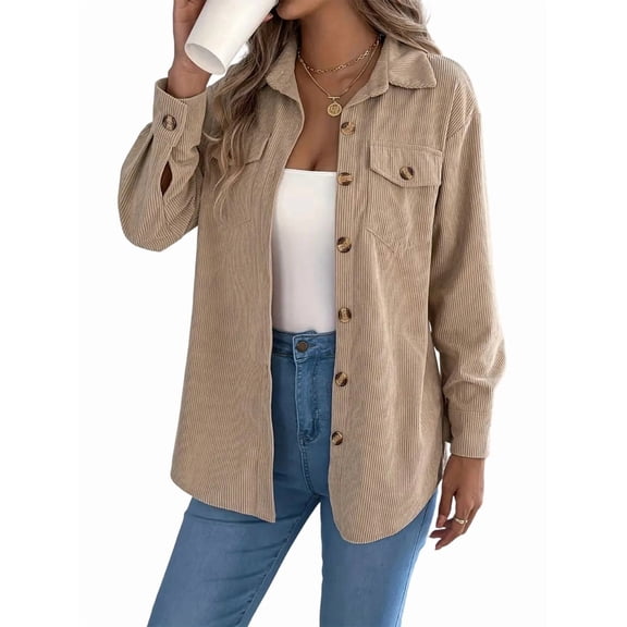 Womens Corduroy Shacket Blouses Button Down Shirts Pocket Long Sleeves Tops Jacket Coats Khaki L