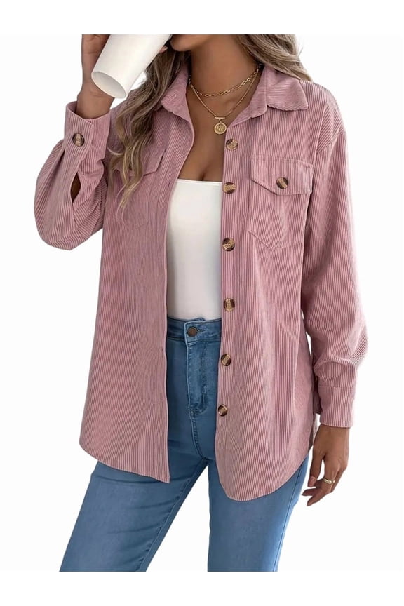 Womens Corduroy Shacket Blouses Button Down Shirts Pocket Long Sleeves Tops Jacket Coats Pink L