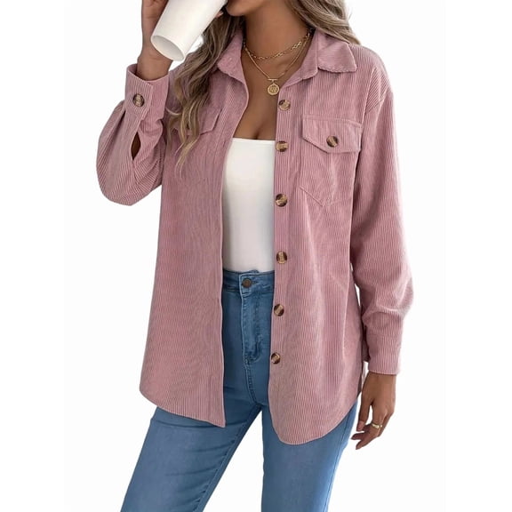 Womens Corduroy Shacket Blouses Button Down Shirts Pocket Long Sleeves Tops Jacket Coats Pink S