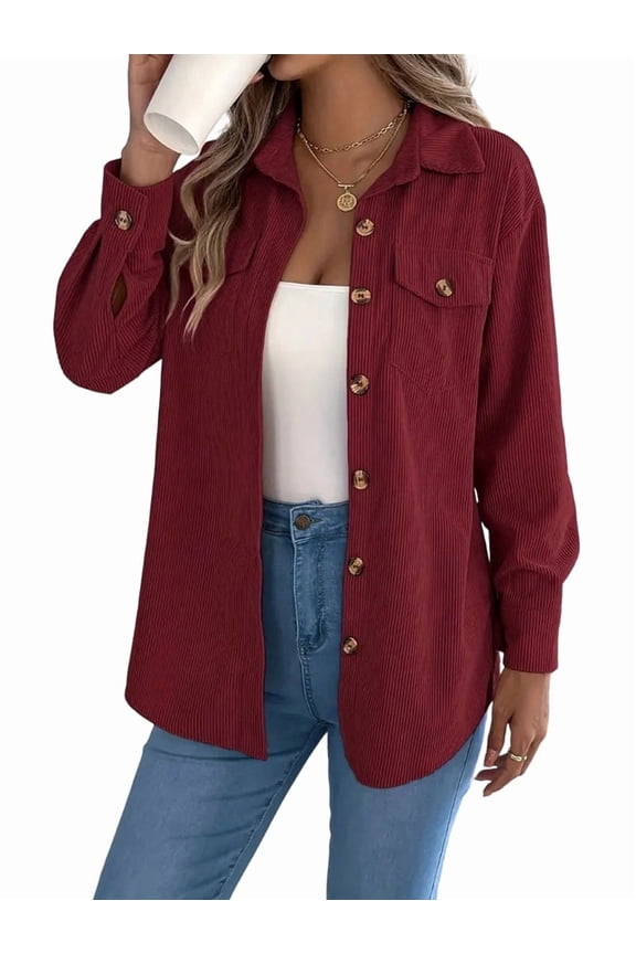 Womens Corduroy Shacket Blouses Button Down Shirts Pocket Long Sleeves Tops Jacket Coats Wine Red L