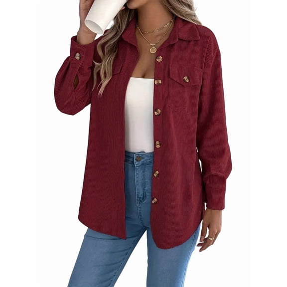 Womens Corduroy Shacket Blouses Button Down Shirts Pocket Long Sleeves Tops Jacket Coats Wine Red S