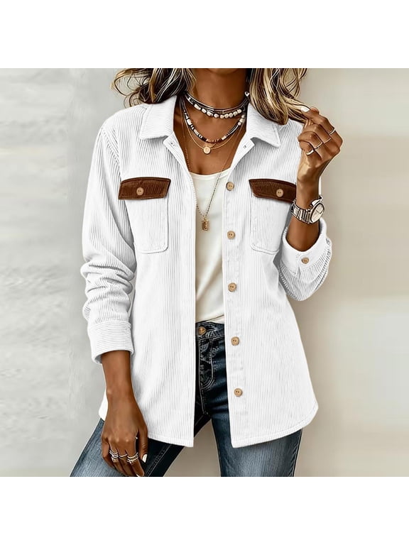 Womens Corduroy Shacket Button Down Lapel Collar Contrast Pockets Vintage Coat Casual Fall Outerwear