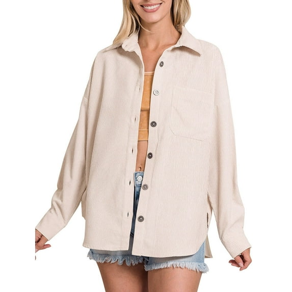 Womens Corduroy Shacket Jacket Shirt Oversized Button Down Shirts Long Sleeve Casual Tops and Outwear