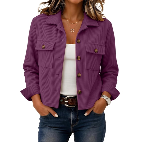 Womens Corduroy Shacket Lapel Collar Cropped Jacket Long Sleeve Button Down Solid Color Outerwear with Flap Chest Pockets Dark Purple S