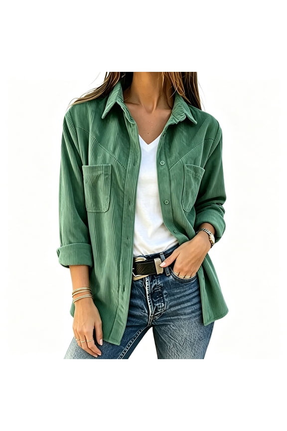 Womens Corduroy Shacket Oversized Turndown Collar Blouses Fall Long Sleeve Button Down Shirt Jackets with Pockets Country Concert Western Tops, Green, XXL