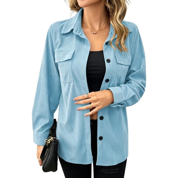 Womens Corduroy Shackets Jacket Plus Size Long Sleeve Button Down Retro Shirts Blouses Tops With Chest Pocket L