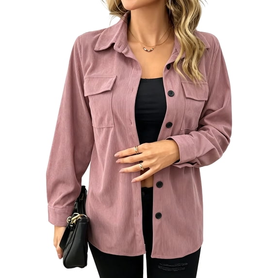 Womens Corduroy Shackets Jacket Plus Size Long Sleeve Button Down Retro Shirts Blouses Tops With Chest Pocket M