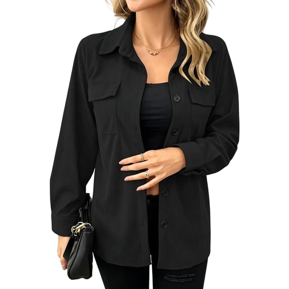 Womens Corduroy Shackets Jacket Plus Size Long Sleeve Button Down Retro Shirts Blouses Tops With Chest Pocket S