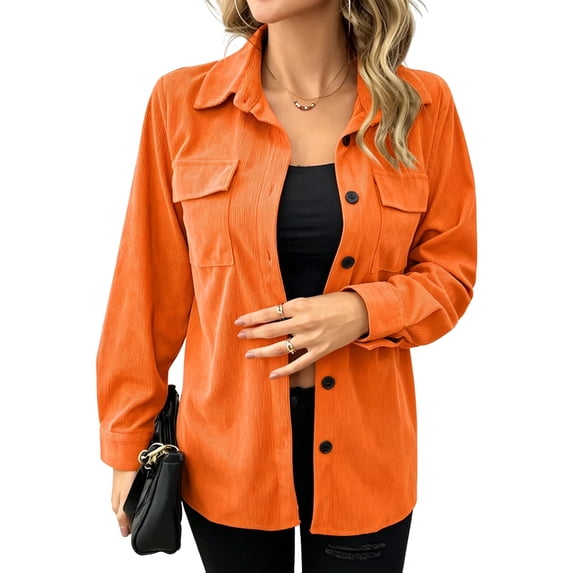 Womens Corduroy Shackets Jacket Plus Size Long Sleeve Button Down Retro Shirts Blouses Tops With Chest Pocket XL