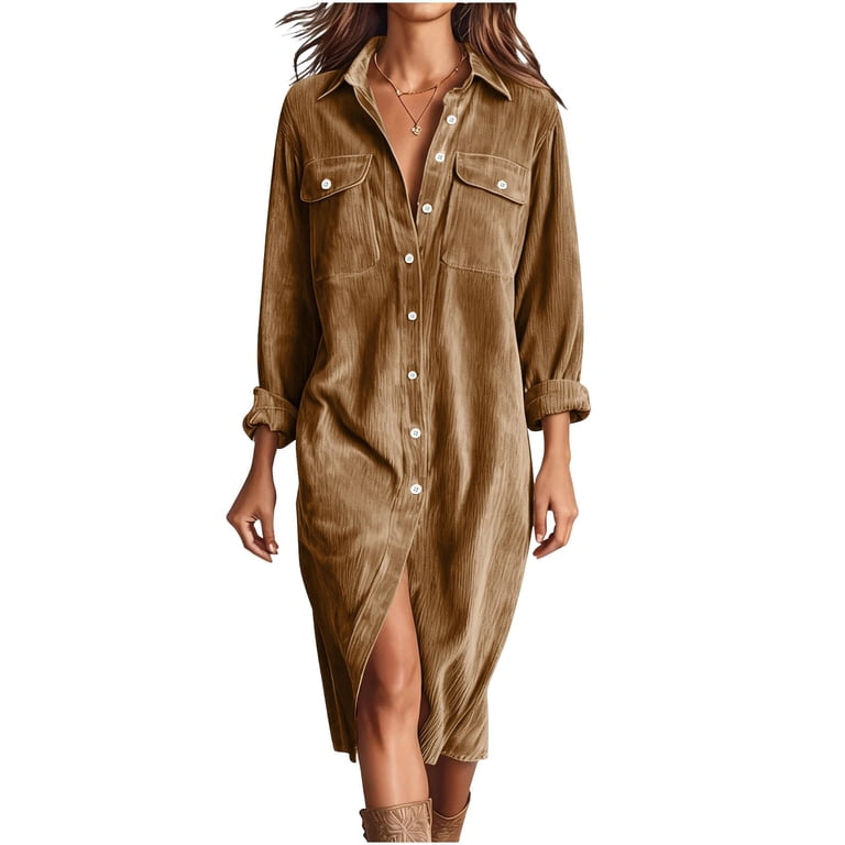 Womens Corduroy Shirt Dress Lapel V-Neck Button Down Long Sleeve Casual a Line Pleated Tunic Shift Midi Long Dress