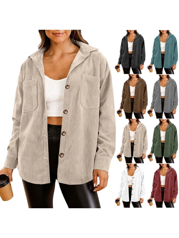 Womens Corduroy Shirt Jacket Long Sleeve Button Down Shirts Fall Blouses Tops Casual Lightweight Shacket with Pockets