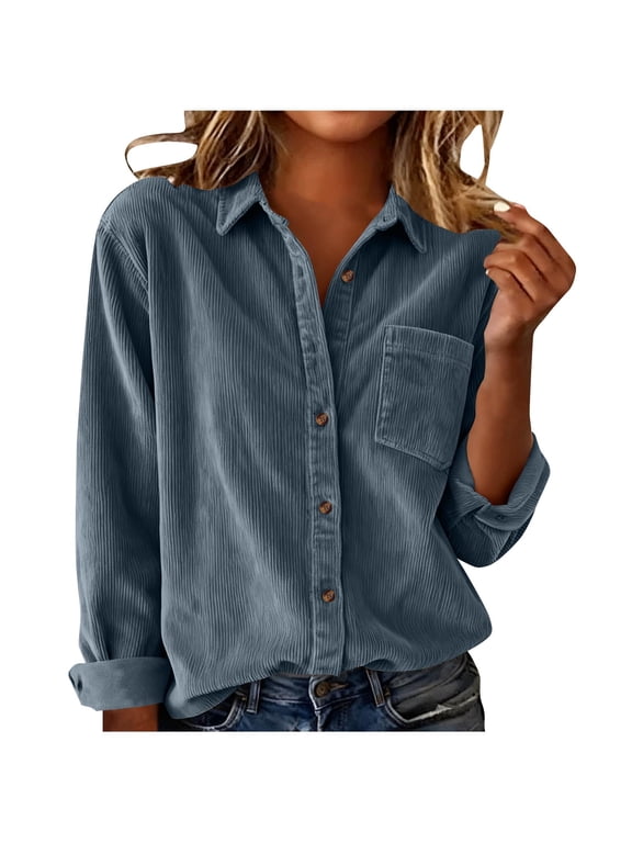 Womens Corduroy Shirt Long Sleeve Button Down Shirts Fall Blouses Tops Casual Lightweight Shacket Jacket with Pocket