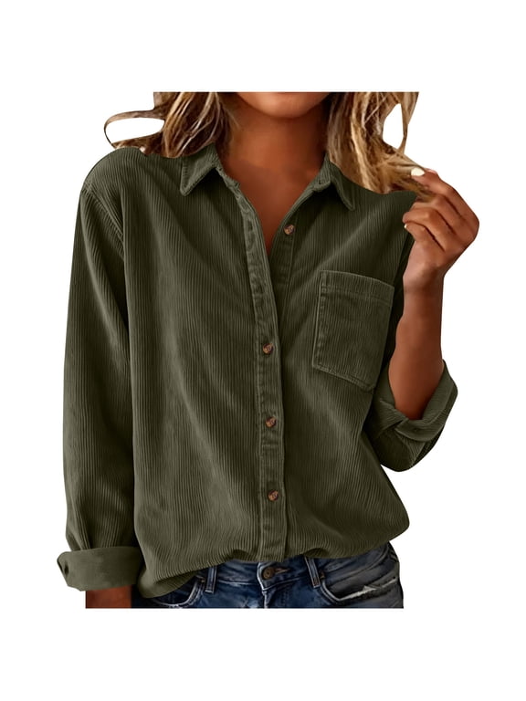 Womens Corduroy Shirt Long Sleeve Button Down Shirts Fall Blouses Tops Casual Lightweight Shacket Jacket with Pocket