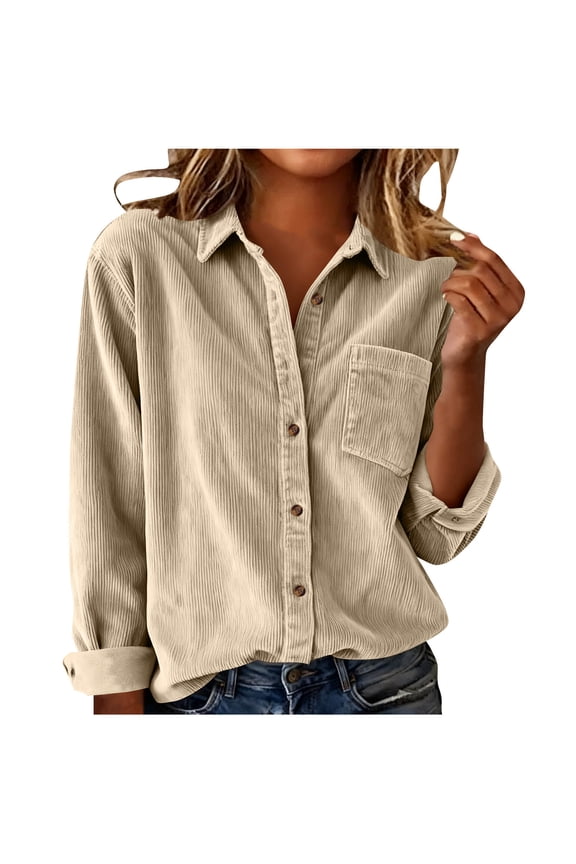 Womens Corduroy Shirt Long Sleeve Button Down Shirts Fall Blouses Tops Casual Lightweight Shacket Jacket with Pocket