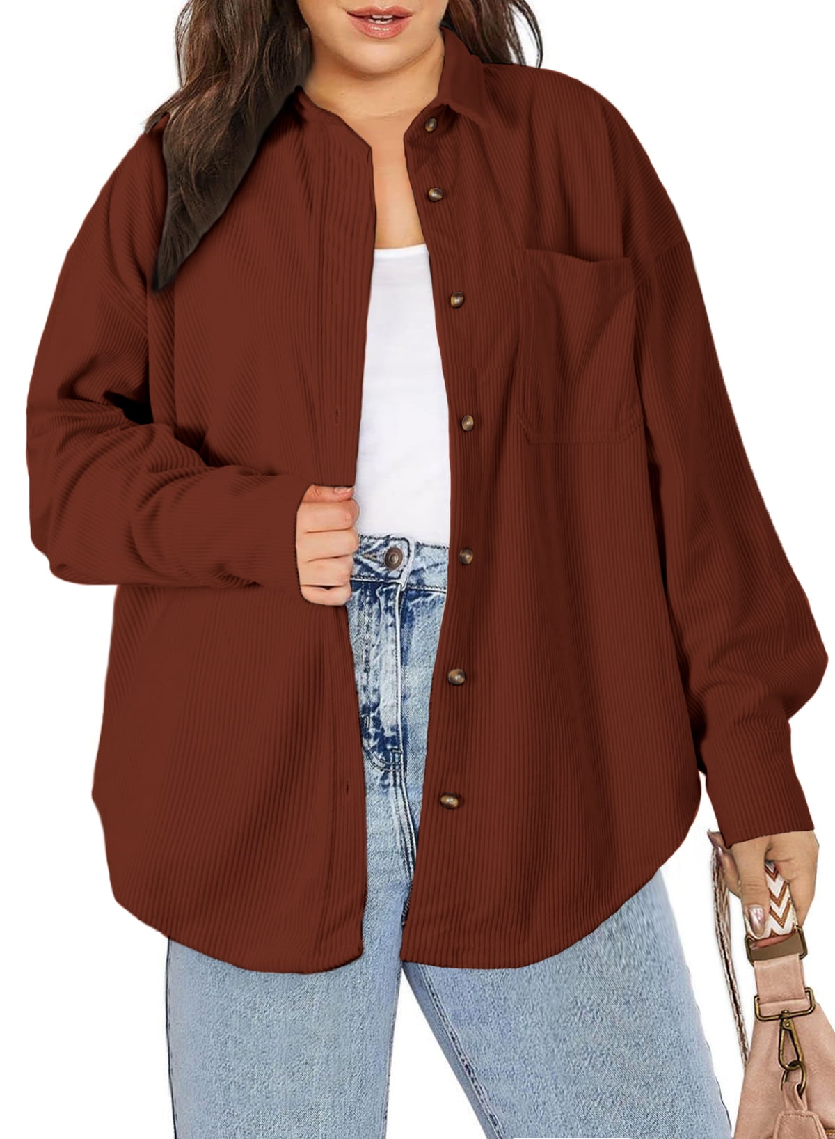 Womens Corduroy Shirts Button Down Shirt Shackets Long Sleeve Boyfriend Jackets Oversized Solid