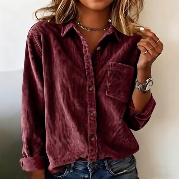 Womens Corduroy Shirts Button Down Shirts Long Sleeve Shirts Tunic Dressy Jackets Plus Size Shirt Collared Button Down Blouse Jackets Shackets with Pocket Tops with Pockets Cute Tops Wine XXL