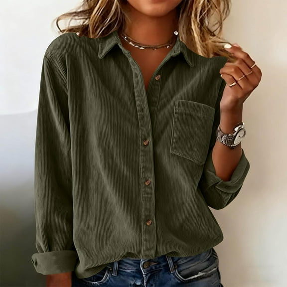 Womens Corduroy Shirts Button Down Shirts Oversized Fall Tops Long Sleeve Shirts Collared Button Down Blouse Loose Jacket Tops Tunic Dressy Jackets Flannel Lapel Shirts Cute Tops Army Green M