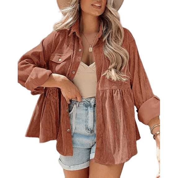 Womens Corduroy Shirts Casual Long Sleeve Button Down Blouses Tunic Loose Pocket Jacket Shackets