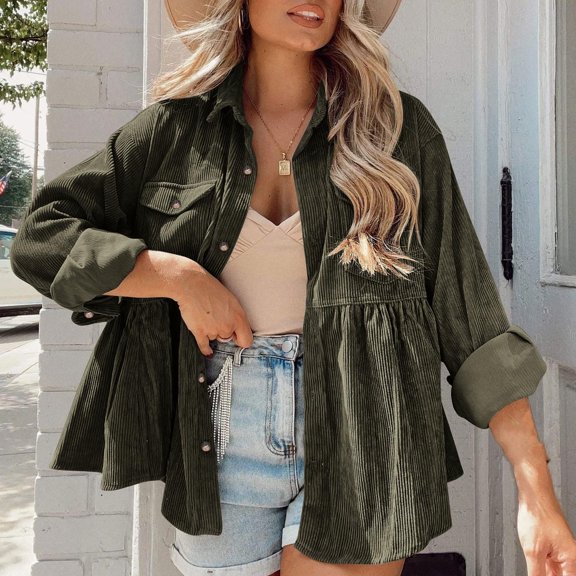 Womens Corduroy Shirts Jacket Peplum Shacket Jacket Casual Long Sleeve Button Down Blouses Tops Fashion with Pockets Army Green XXL