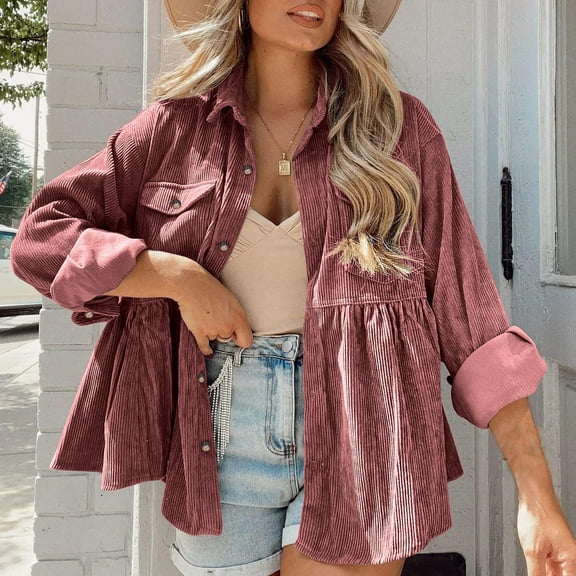 Womens Corduroy Shirts Jacket Peplum Shacket Jacket Casual Long Sleeve Button Down Blouses Tops Fashion with Pockets Pink XXL