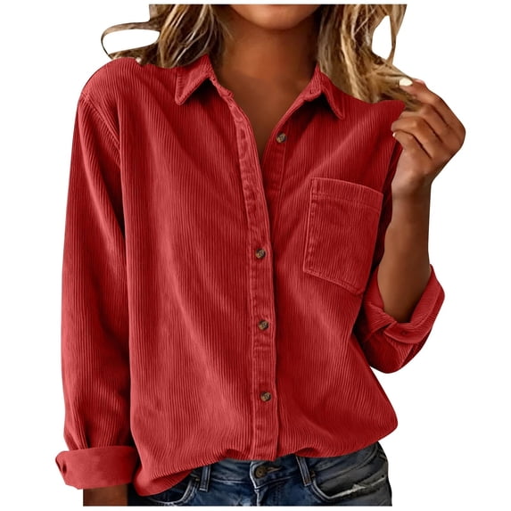 Womens Corduroy Shirts Long Sleeve Collared Button Down Blouse Oversized Boyfriend Tops Jackets Shackets with Pocket,Fall Shirt Collar Plus Size Shacket Retro Tunic Dressy Casual Work Jackets S