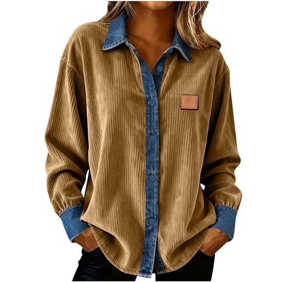 Womens Corduroy Shirts Long Sleeve Collared Button Down Blouse Oversized Tops Jackets Shackets with Pocket