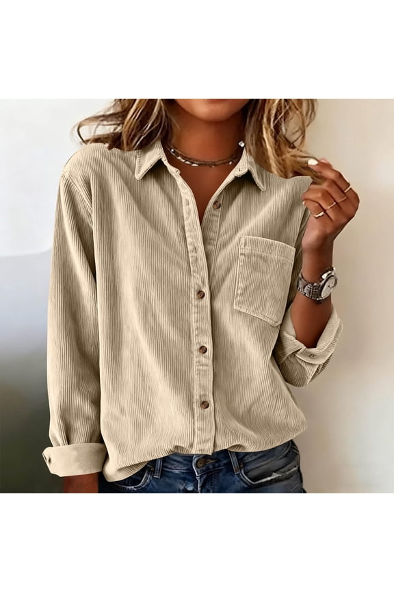 Womens Corduroy Shirts Loose Jacket Tops Jackets Shackets with Pocket Long Sleeve Shirts Fall Blouses Tops Tunic Dressy Jackets Button Down Shirts Casual Retro Shacket Plus Size Shirt Beige S