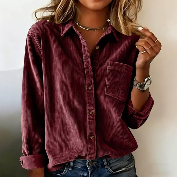 Womens Corduroy Shirts Office Work Tops Jackets Shackets with Pocket Casual Retro Shacket Dressy Casual Work Shacket Oversized Boyfriend Blouses Loose Jacket Tops Plus Size Shirt Wine M