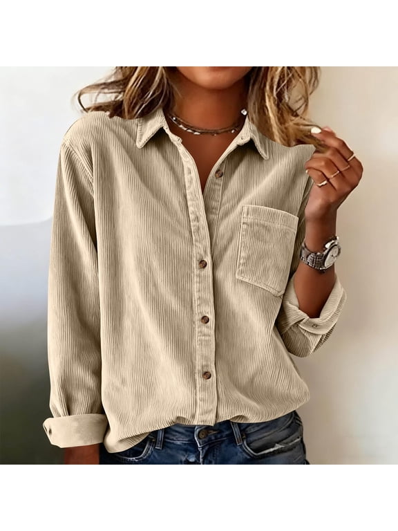 Womens Corduroy Shirts Plus Size Shirt Loose Jacket Tops Long Sleeve Shirts Jackets Shackets with Pocket Tunic Dressy Jackets Flannel Lapel Shirts Collared Button Down Blouse Beige L