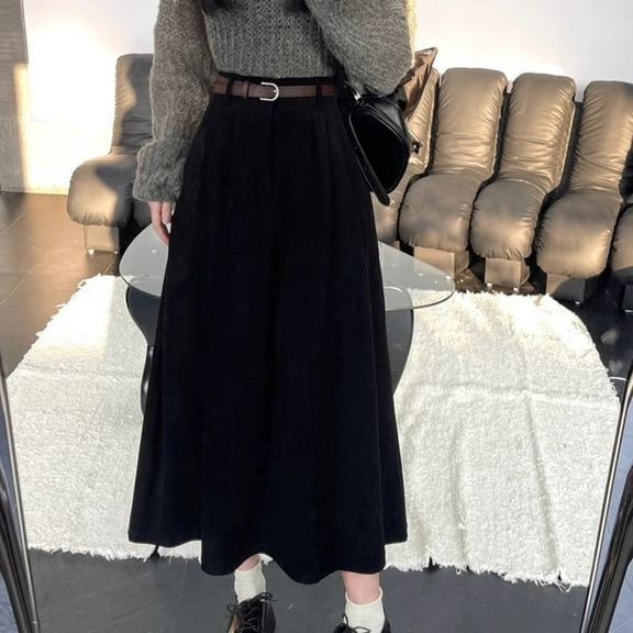 Womens Corduroy Skirt New High Waist Vintage A-Line Maxi Skirt Black S YIWEI
