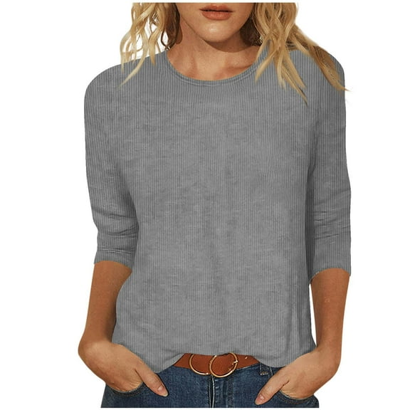 Womens Corduroy Tops Trendy 3/4 Sleeve Shirts Casual Crew Neck Loose Blouses Solid Rib Basic Tees