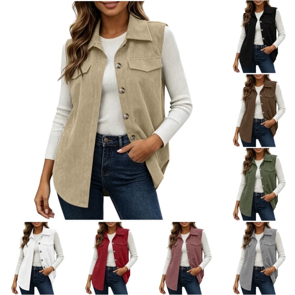 Womens Corduroy Vest Fashion Casual Sleeveless Lapel Vest Fall Winter Warm Comfy Button Up Jacket for Women Beige 2XL