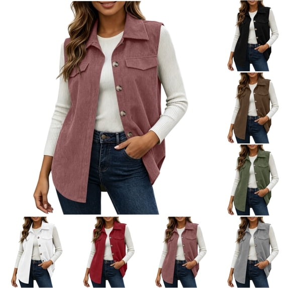 Womens Corduroy Vest Fashion Casual Sleeveless Lapel Vest Fall Winter Warm Comfy Button Up Jacket for Women Pink 2XL