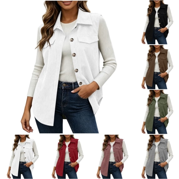 Womens Corduroy Vest Fashion Casual Sleeveless Lapel Vest Fall Winter Warm Comfy Button Up Jacket for Women White S