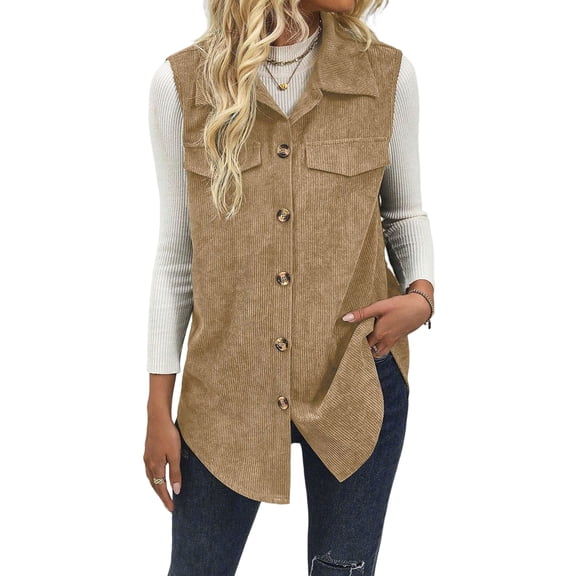 Womens Corduroy Vests Outerwear Button-Down Waistcoat Sleeveless Jacket Casual Vest Camel Color M