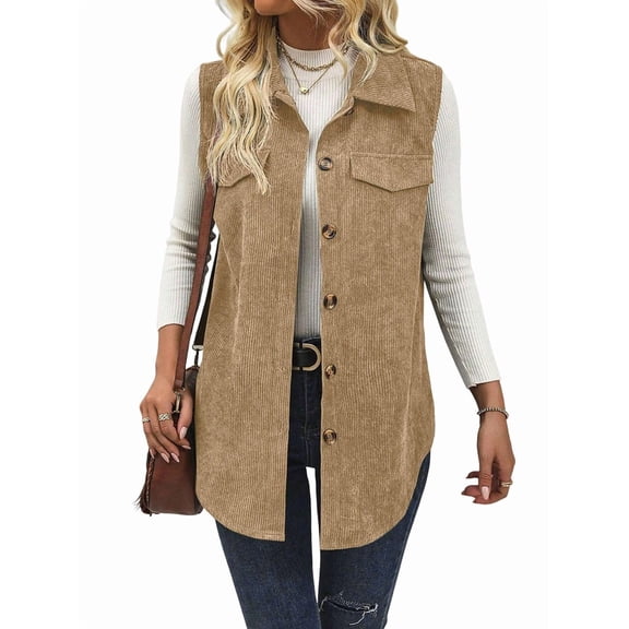 Womens Corduroy Vests Outerwear Button-Down Waistcoat Sleeveless Jacket Casual Vest Camel Color XL