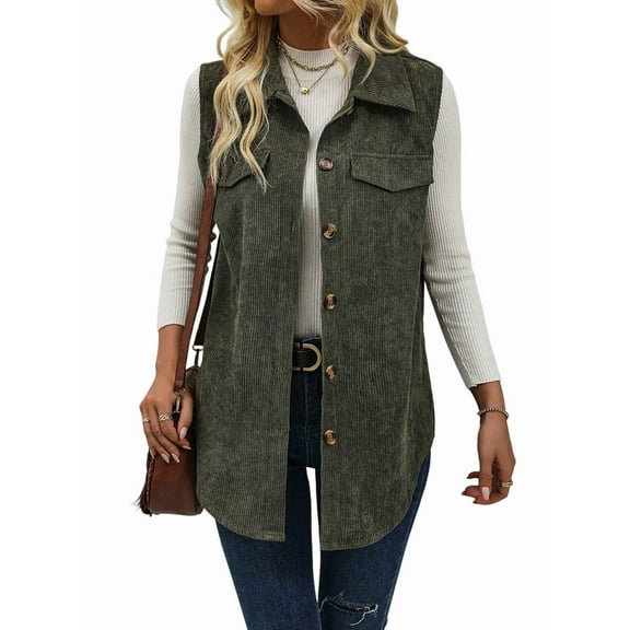 Womens Corduroy Vests Outerwear Button-Down Waistcoat Sleeveless Jacket Casual Vest Green M