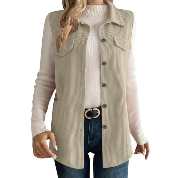 Womens Corduroy Vests Ribbed Collared Lightweight Casual Sleeveless Button Down Outerwear Fall Vest Coat