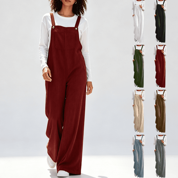 Womens Corduroy Wide Leg Overalls, Loose Soft Jumpsuit with Pockets, Vintage Fashion Pants for Daily Business Casual Travel Wear | VerBelle,Brown S