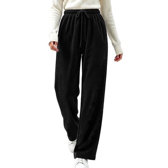 Womens Corduroy Wide Leg Pants Drawstring Sweatpants with High Waist,Casual Comfy Travel Outdoor Commuting Daily Wear with Pockets,Black,L