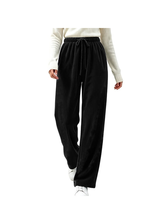 Womens Corduroy Wide Leg Pants Drawstring Sweatpants with High Waist,Casual Comfy Travel Outdoor Commuting Daily Wear with Pockets,Black,L