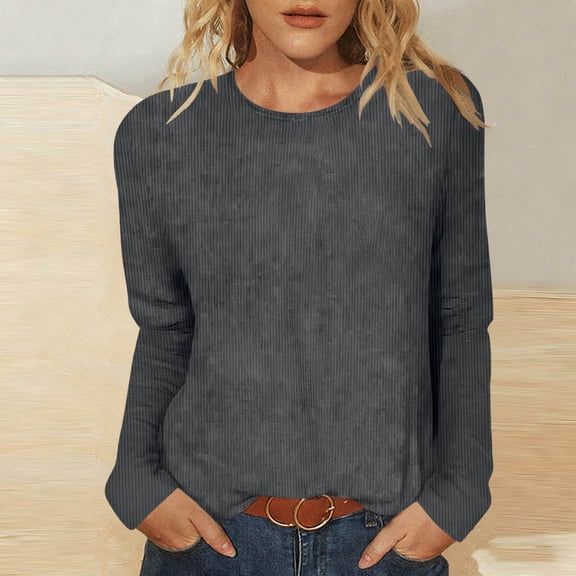 Womens Cordyroy Shirts Long Sleeves Crewneck Pullover Tops Solid Color Loose Fitting Casual T-Shirt Blouse Tee Gray M