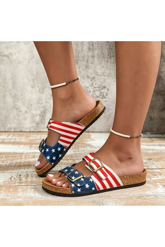 Womens Cork Slides Patriotic Double Buckle Sandals American Flag Beach Slippers,Comfortable Lightweight Adjustable Straps Open Toe For Summer Vacation,Non Slip Ergonomic Silent Cushion Shoes