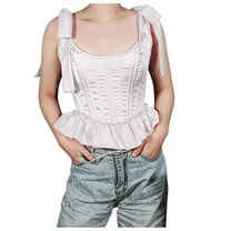 Womens Corset Bustier Ruffle Hem Tie Shoulder Cute Corsets Frill Shirred Camisole Crop Tops Boned Waist Cincher White, L