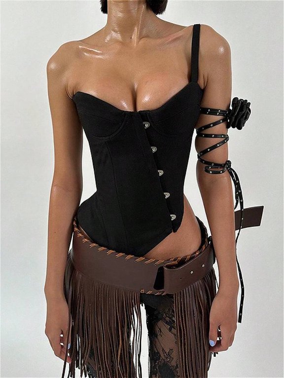 Womens Corset Bustier Top with Front Button Closure, Exposed Navel Design, Black, 1 Pack
