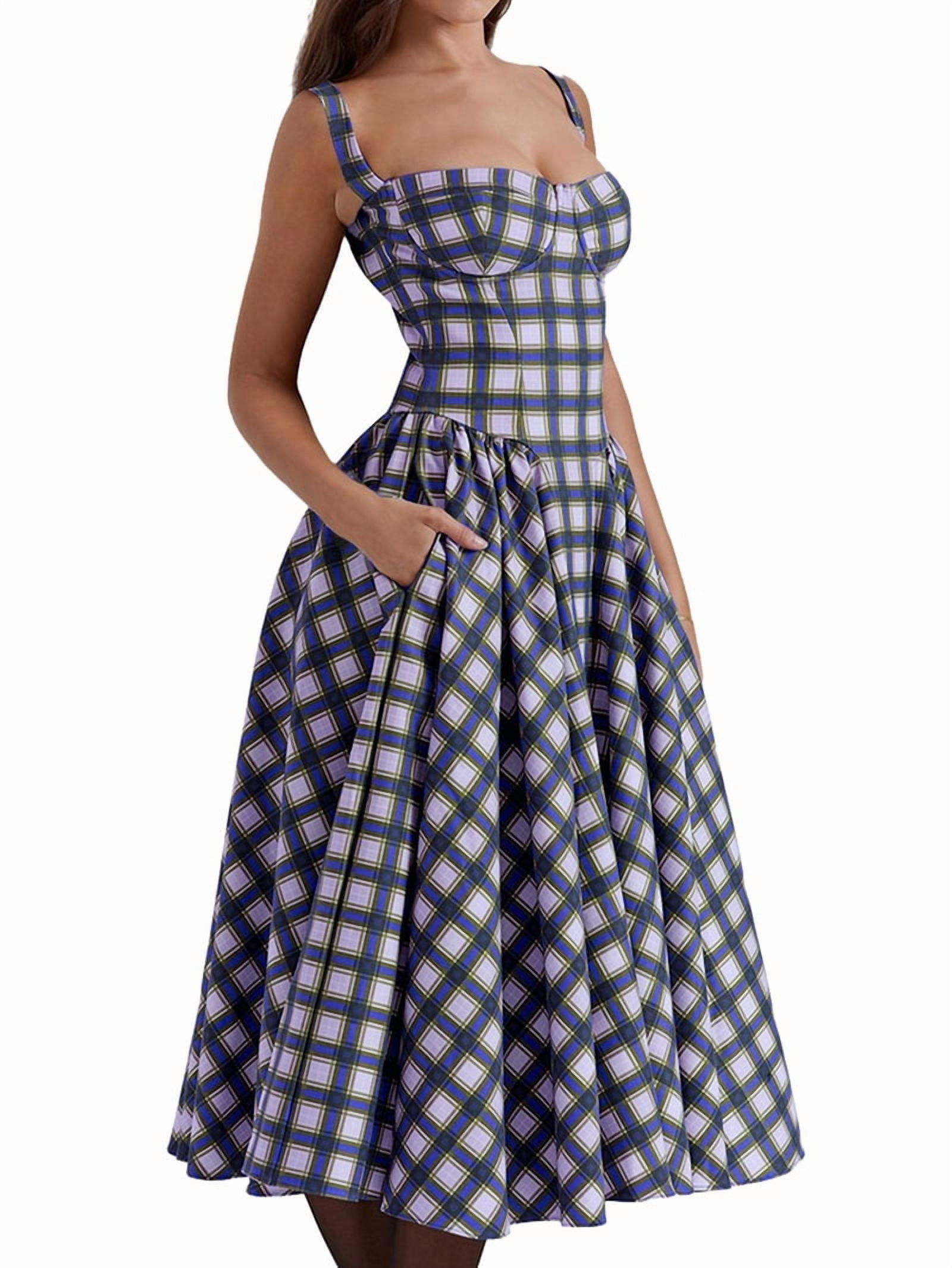 blue plaid corset dress Womens Elegant Strap Midi Dress Flowy Pleated Hem Low Cut Prom Dresses Bustier Dress S dress with collar The BLUE AND WHITE Men's Wedding Boutonniere and Light blue Color:Pink And Blue