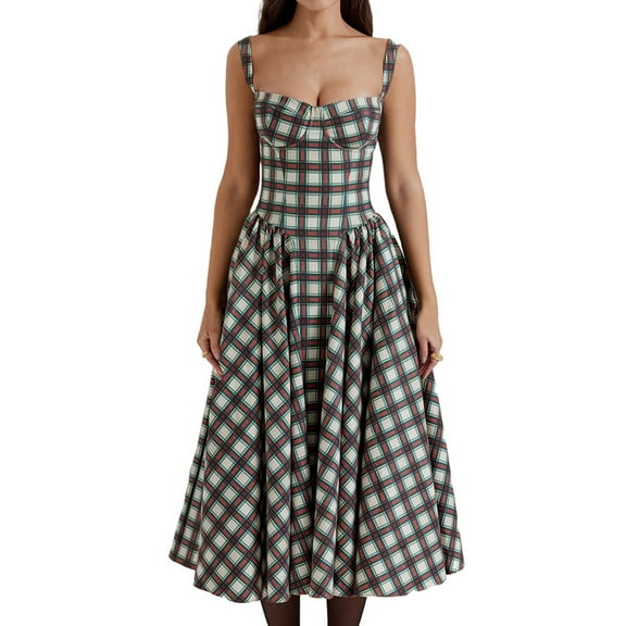 Womens Corset Dress Elegant Strap Midi Dress Flowy Pleated Hem Low Cut Prom Dresses Bustier Dress Red Plaid XL