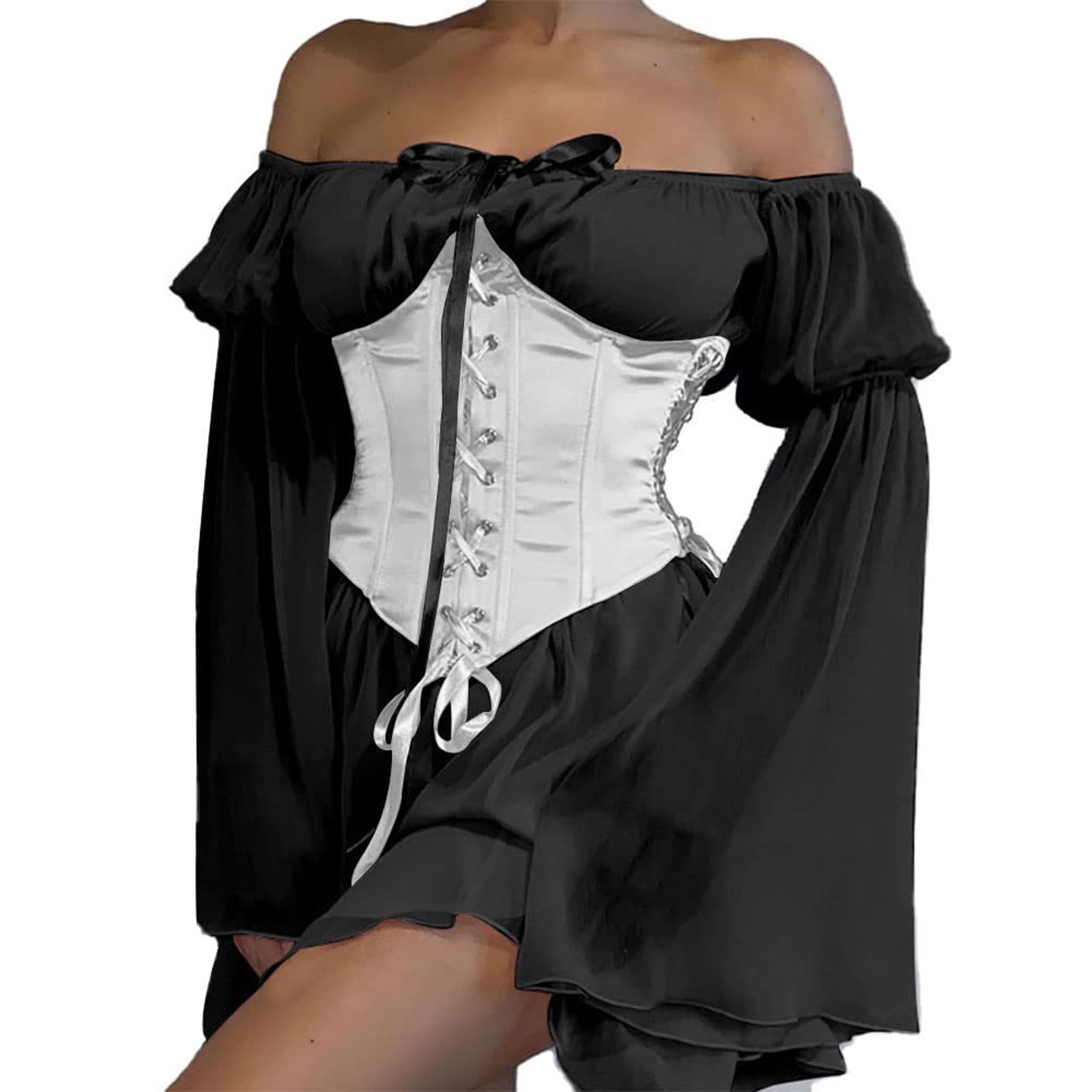 Womens Corset Dress Sexy Trumpet Sleeves Lace up Bustier Sweet Vintage  Style Gothic Cocktail Chiffon Bandeau Dress 