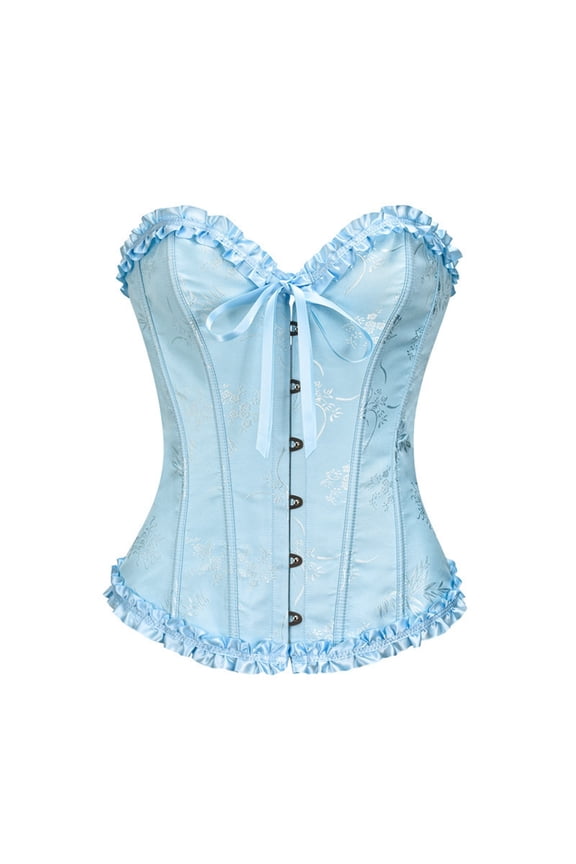 Womens Corset Top Ruffles Vintage Embroidery Patterns 1920S Bustier Bodysuit Lace Up Push Up Retro Boned Overbust Body Shaper for Women Blue XS