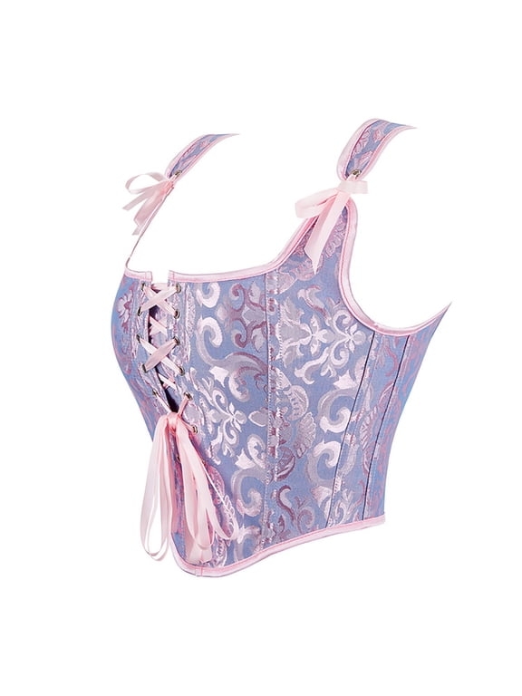 Womens Corset Top Vintage Adjustable Straps Front Lace Up Bustier Bodysuit Slim Fit Floral Embroidery Patterns Halloween Girdle for Women Pink S